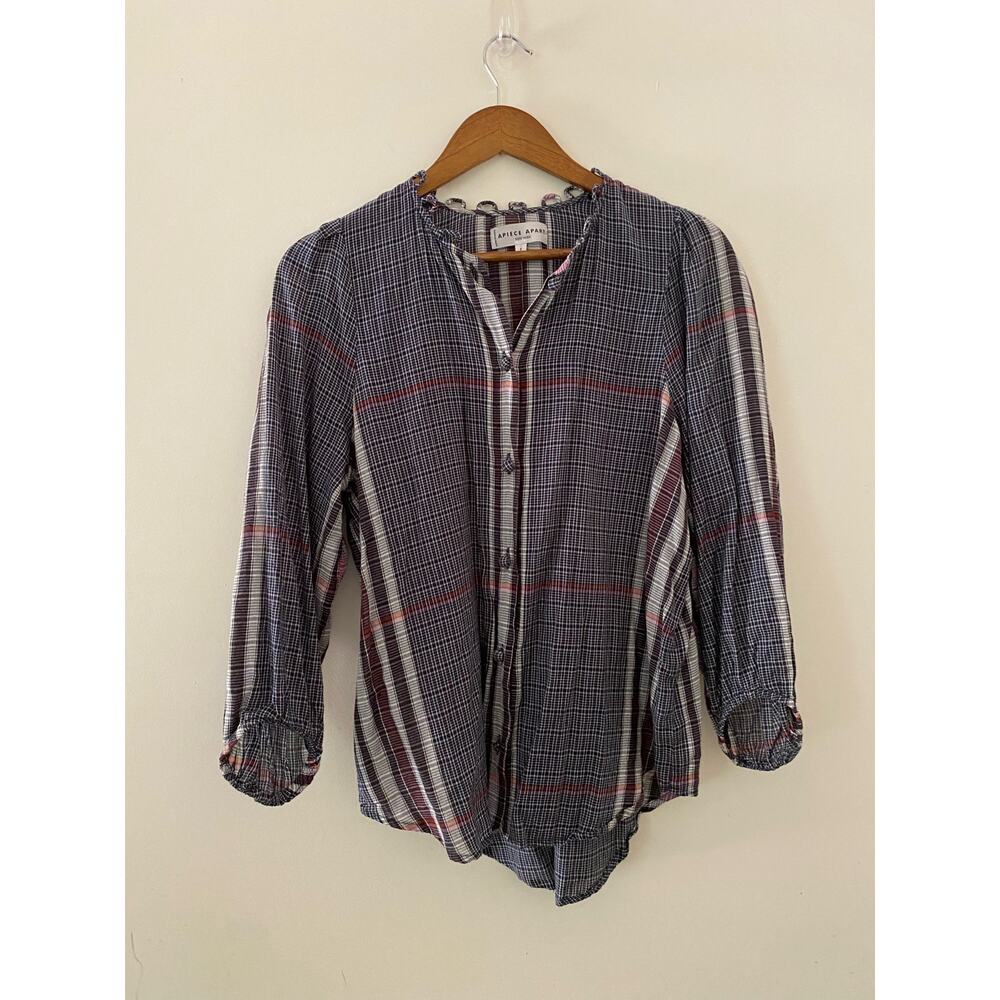 Apiece Apart New York 8 100% Cotton Plaid Button Down Peasant Blouse EUC Navy